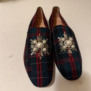 J. Crew Red and Blue Plaid Loafers with Pearl Embellishments